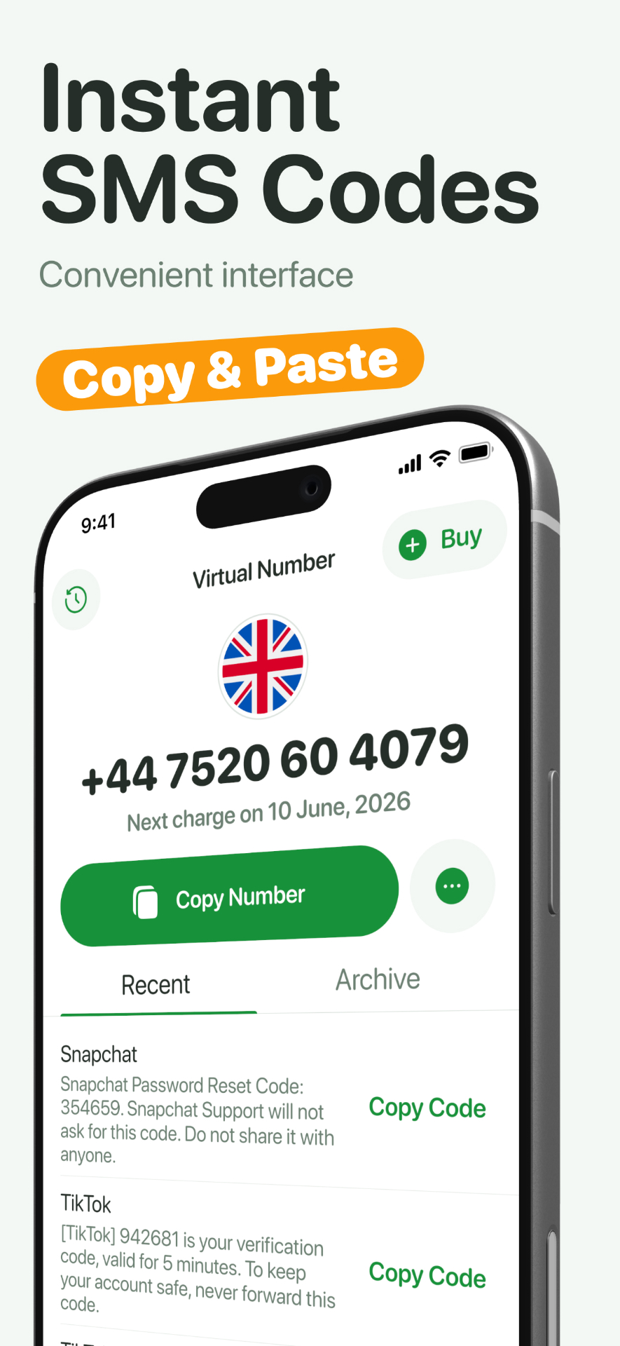 Instant SMS codes